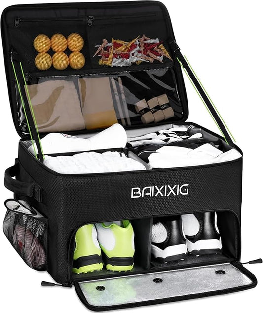Golf Trunk Organizer, Waterproof Car Golf Locker with Separate Ventilated Compartment for 2 Pair Shoes, Golf Storage for Balls, Tees, Cap, Clothes, Gloves, Accessories, Gifts for Men, Women