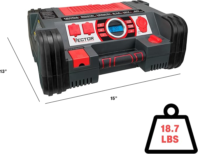 Vector PPRH5V 1200 Peak Amp Automotive Jump Starter, Portable Power – 10W USB Port, 500W Inverter, 120 PSI Air Compressor