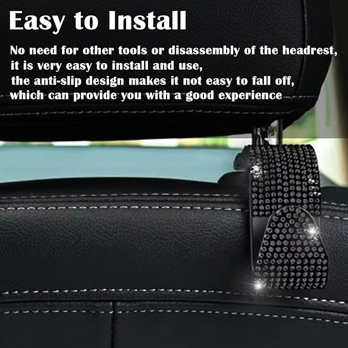 OSIFIT 2PCS Car Seat Hooks - Bling Rhinestone Headrest Hooks with Universal Design - Perfect for Holding Handbags, Clothes, Purses, and Water Bottles - Black