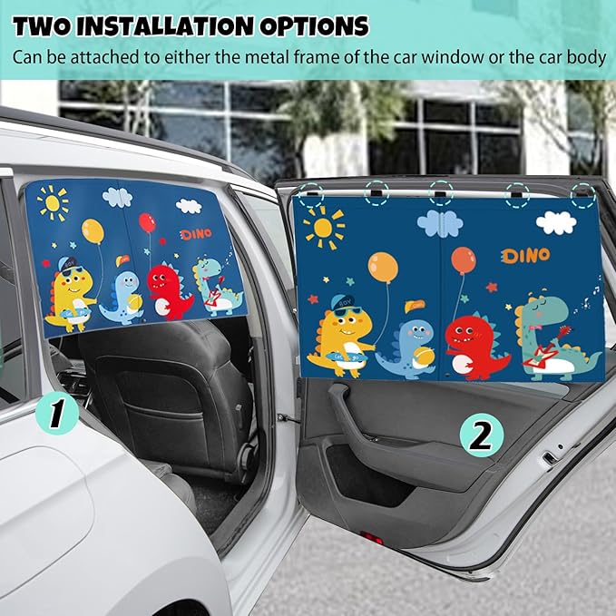 Car Window Shade for Baby, 2 Pack Magnetic Double Layer Sun Shade with Cute Dinosaur Design, Adjustable Privacy Blackout/See-Through Window Curtains, UV Protection, Fits Most Cars SUV Minivan