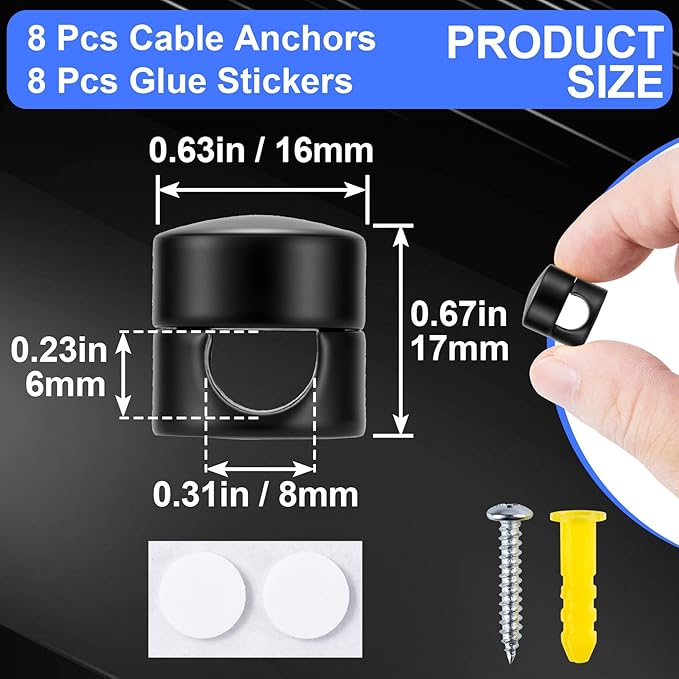 SmallCat 8 Sets Charger Holders for Cords, Matte Black Color Adjustable Cable Anchor Holders, Adhesive Metal Cord Clips, Cable Management Wire Organizers for Desk, Office, Nightstand