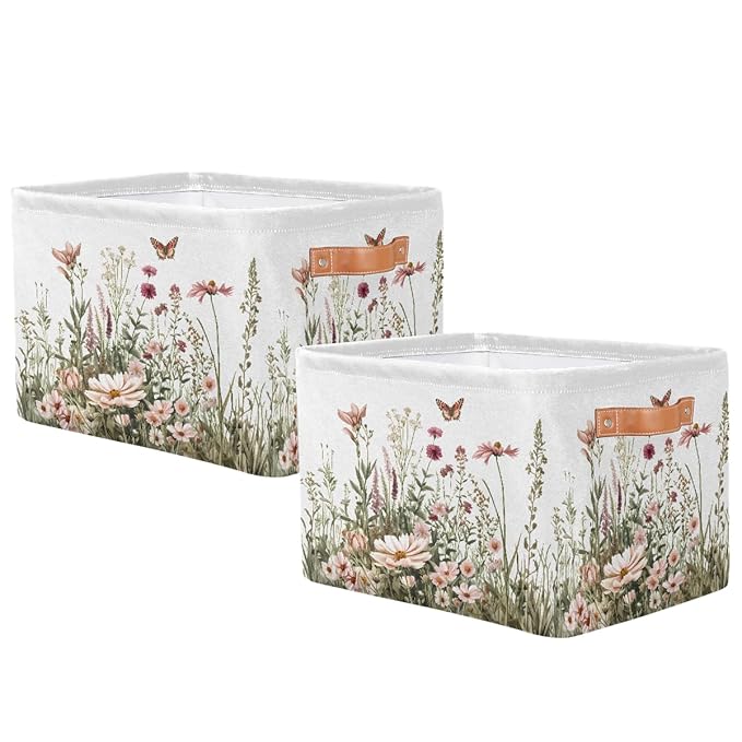 Spring Wildflowers Storage Baskets for Organizing, Fabric Collapsible Storage Bins Box Plants Floral Decorative Toy Organizer Baskets for Closet Shelves Gift Basket 2Pcs
