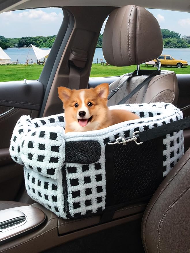 Prpeko Portable Dog & Cat Car Seat - Center Console Booster Seat with Pillow (Grid-White, Under 13 lbs)