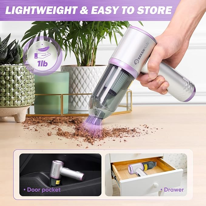 SakerPlus Mini Vacuum Cleaner, 3 in 1 Cordless Handheld Vacuum Cleaners, 18000Pa High Power Car Vacuum Cleaner with Brushless Motor,Adjustable Car Vaccum Portable for Cars,Desktop (Sliver and Purple)