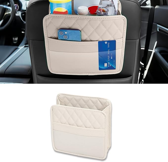Car Seat Back Hanging Bag, PU Leather Automotive Seat Back Organizer, Multipurpose Vehicle Travel Essentials Accessories for Kids & Adults, Universal for Most Cars (Beige)