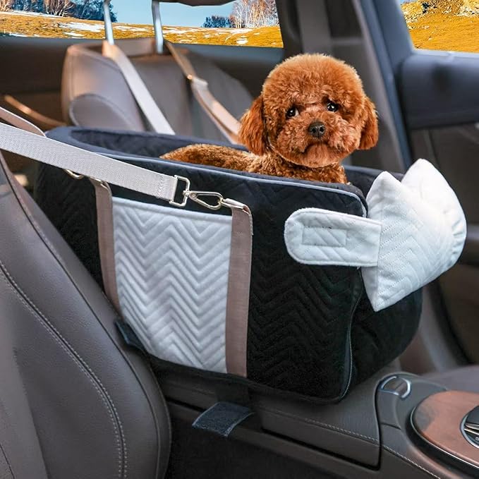 Dog Car Seat for Small Dogs, Portable Center Console Dog Car Seat, Pet Booster Seats with Safety Belt and Soft Cushion, Pet CarSeat for Dogs and Cats Under 15 lbs,Black