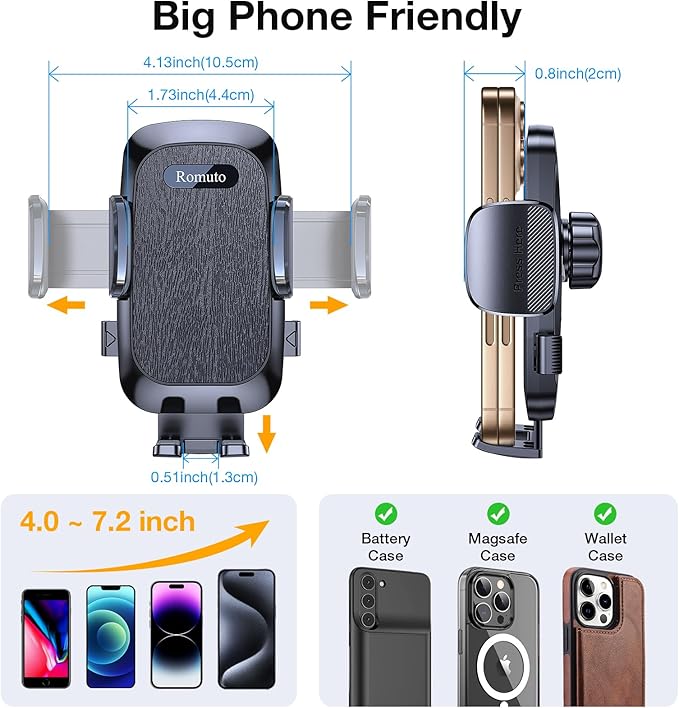 Romuto Car Phone Holder Mount【Strongest Suction】 Phone Mount for Car Cell Phone Holders for Your Car Accessories for Women Men Dashboard/Windshield/Vent/Camera Mounts Stand Holder for iPhone Samsung