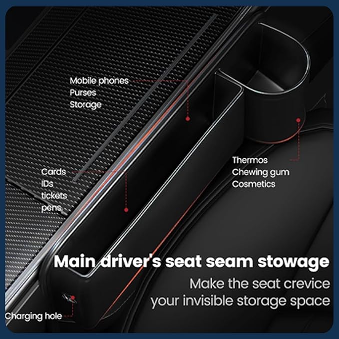 Car Seat Gap Filler Organizer, Car Seat Organizer, Seat Gap Storage Box with Cup Holders for Drink, Car Leather Cup Holder Gap Bag Front Seat for Holding Phone, Sunglasses,Keys, cards(Black Driver's )