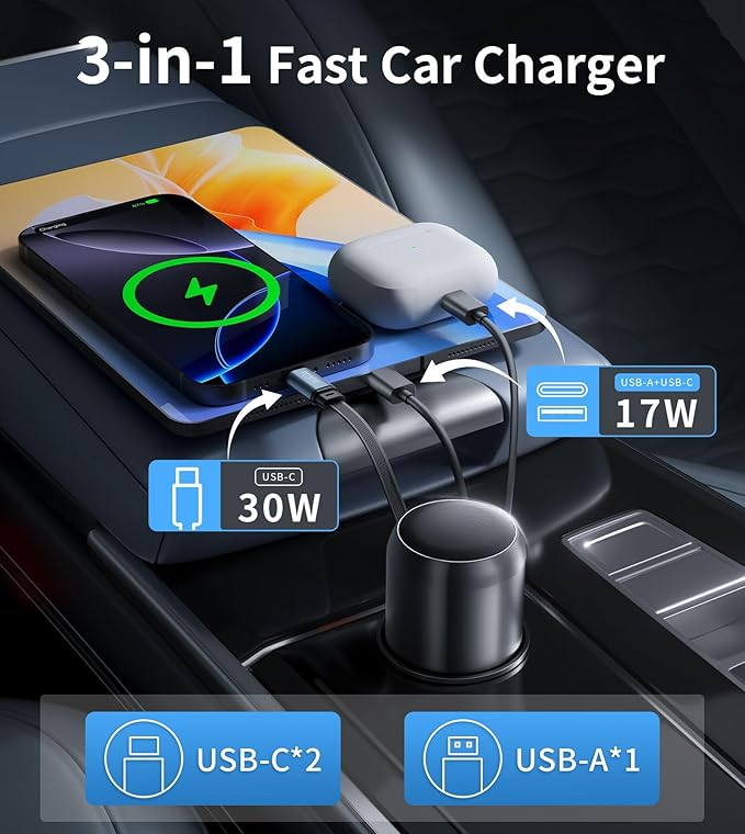XXZU 60W 3 in 1 Retractable Car Charger, USB C & USB A 3-Port Cigarette Lighter Adapter,Fast Charging Charger Compatible with iPhone 17/16/15/14/13/12/11,iPad,Galaxy,Pixel,Android