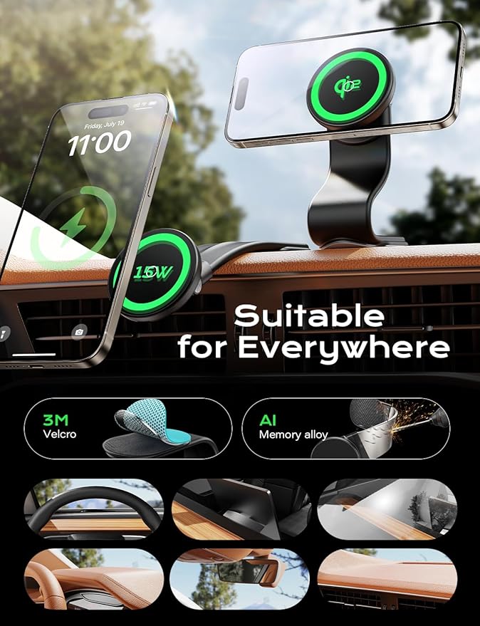 TAZENI for Magsafe Car Mount Charger Magnetic Phone Holder Mount for Car [15W Super Fast Charge] Fit iPhone 16 Wireless [Velcro Memory Metal] Fit iPhone 16/15/14/13/12 Pro Plus Max