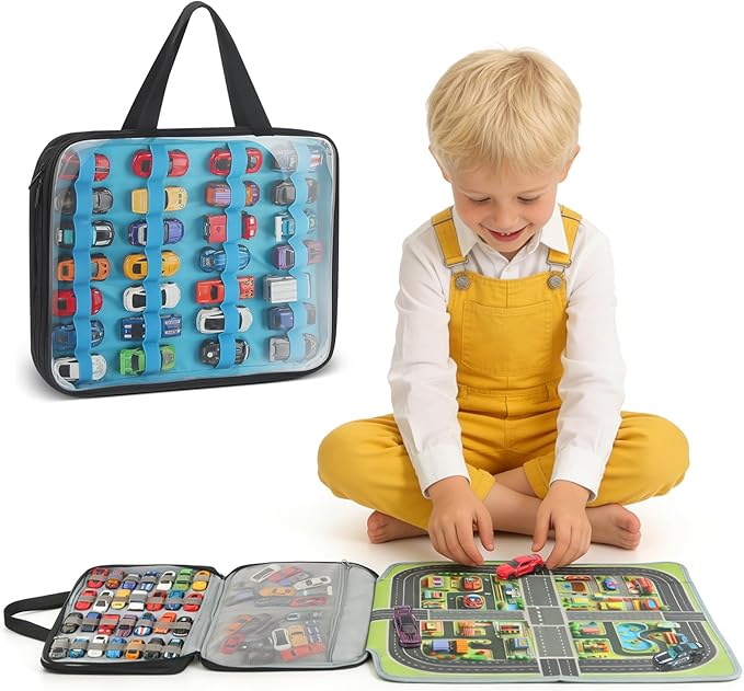 56 Slots Car Storage Case with Play Mat for Hot Wheels Garage & Matchbox Cars, 1/64 Scale Diecast Toy Car for Double-Sided Storage Carrying Bag, Portable Organizer for Hot Wheels Display Case