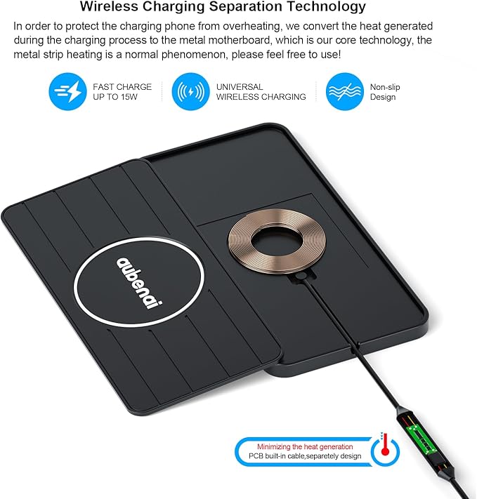 Wireless Car Charger Pad, 15W Fast Charging Pad with 70cm Extension Cable, Non Slip Car Wireless Phone Charger Mat Compatible with iPhone 16/15/14/13, AirPods, Samsung S25 S24(Extension USB-C)