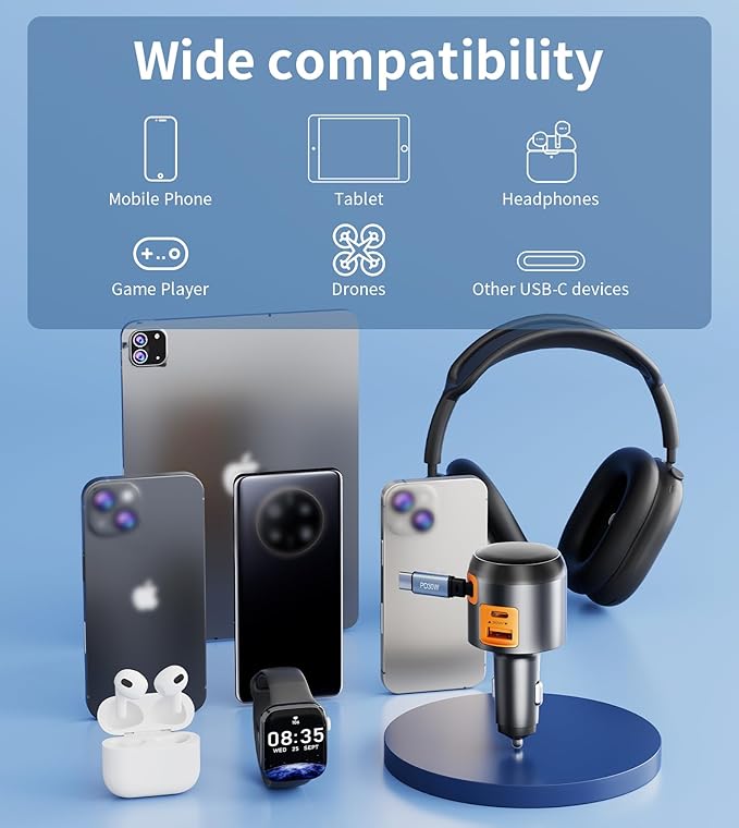 XXZU 60W 3 in 1 Retractable Car Charger, USB C & USB A 3-Port Cigarette Lighter Adapter,Fast Charging Charger Compatible with iPhone 17/16/15/14/13/12/11,iPad,Galaxy,Pixel,Android