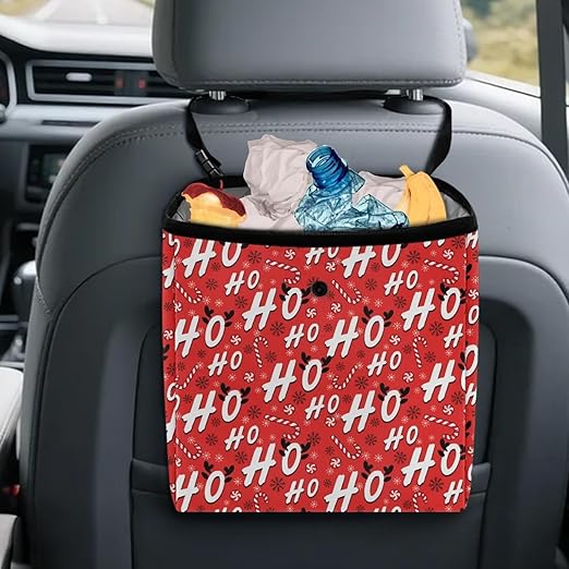 Candy Cane HoHo Pattern Garbage Bag and Water Resistant Trash Can for Car, Leakproof Trash Can for SUV Truck Christmas Car Accessories(Red)