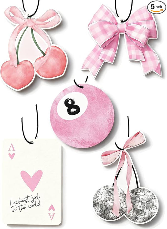 Coquette Pink Bow Car Air Fresheners, 5-Pack Assorted Floral Scents Cherry Cute Girly Car Accessories Hanging Decor for Rearview Mirror Long-Lasting for Women Teen Girls