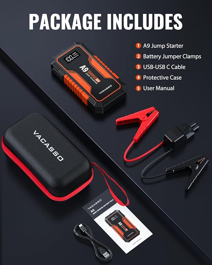Jump Starter 4000A, VACASSO A9 Battery Jumper Starter Portable (7L Gas/4L Diesel), 12V Car Battery Booster Jump Starters Pack, Jumpstart with USB Ports, Jumper Cables, LED Light, Storage Case