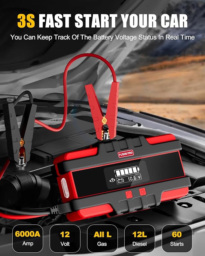 Battery Jumper Starter Portable, 6000A (12V) - Portable Booster Pack with Voltage Detection & Protection for Gas/Diesel (Up to All / 12L)
