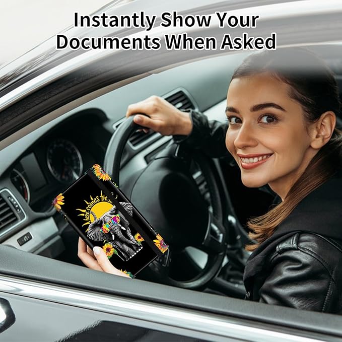 Car Registration and Insurance Card Holder, Vehicle License Documents Glove Box Compartment Organizer Wallet, ID Card Holder for Car Essentials Automobile, Elephant and Sunflowers
