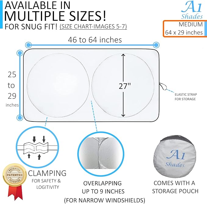 Car Windshield Sun Shade with Storage Pouch by A1 Sunshade Retractable Automotive Car Truck SUV Front Window Shield Blocker Screen Visor Protector Cover for Auto Interior Accessories for Heat Medium