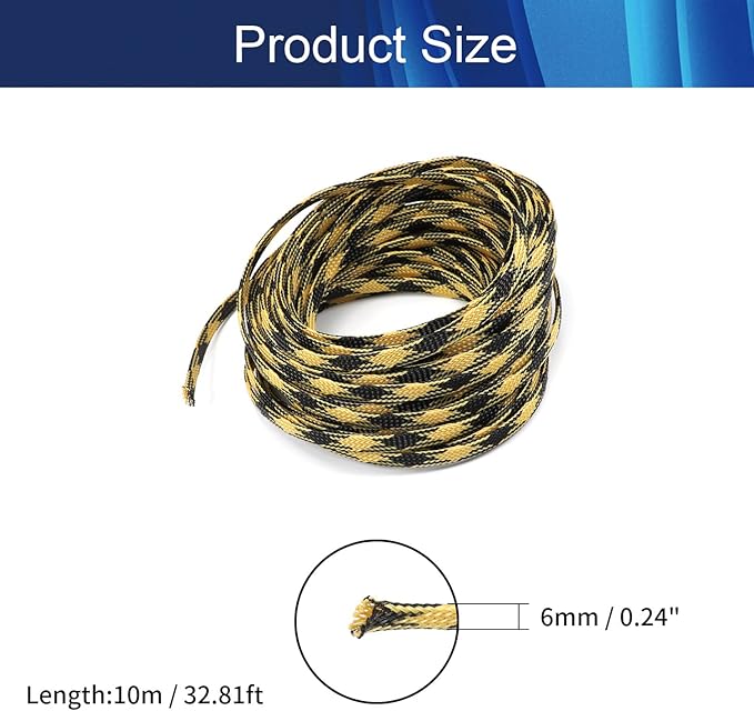 Aicosineg 32.81ft PET Flexible Braided Cable Sleeve 0.25inch Width Wire Loom Sleeving and Organizer Flexible Wire Mesh Sleeve Wrap Protector for TV Audio PC Cords from Pets Chewing Black and Yellow