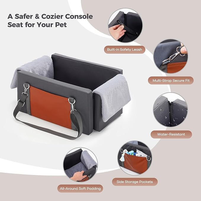 Avont Center Console Dog Car Seat for Small Dogs, Secure Armrest Pet Booster Seat with Multi-Strap Support, Washable Console Seat Bed with Storage Pocket -Dark Grey