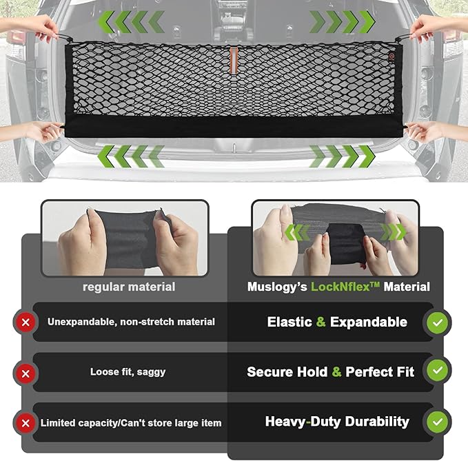 Muslogy Envelope Style Trunk Cargo Net Compatible with 2024 2025 2026 Hyundai Santa Fe Accessories Custom Fit Trunk Organizer Upgraded Storage Luggage Net with Metal Hooks