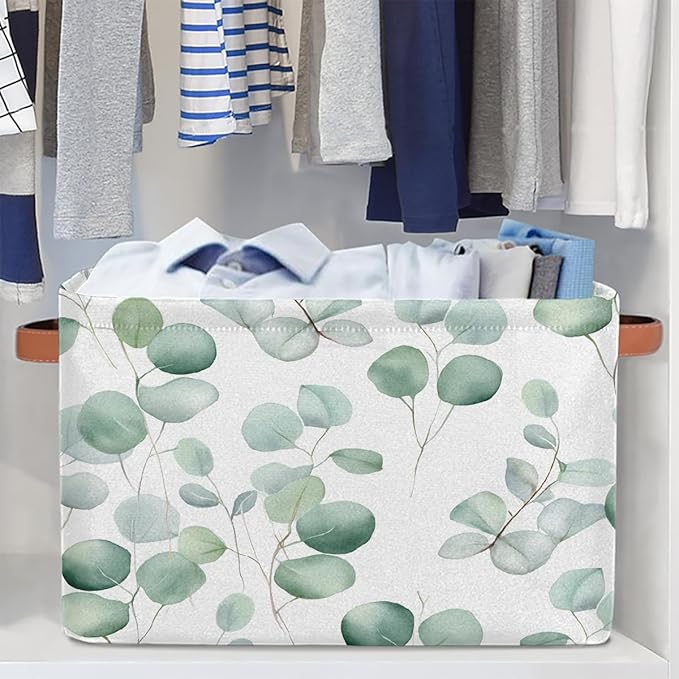 Eucalyptus Leaves Storage Baskets for Organizing, Fabric Collapsible Storage Bins Box Sage Green Decorative Toy Organizer Baskets for Closet Shelves Gift Basket 2Pcs