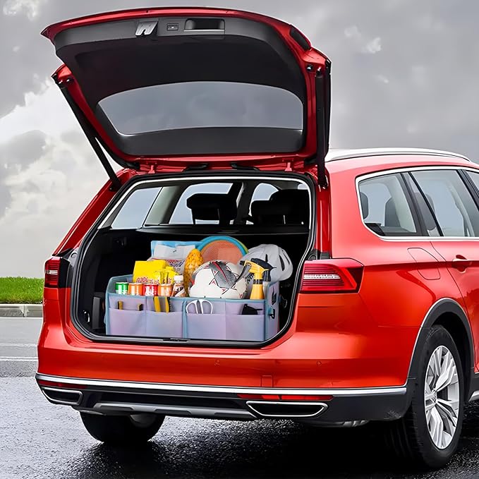 Trunk Organizer For Suv&Sedan,Car Organizers&Storage, Waterproof Collapsible & Adjustable Straps,70L Sturdy Car Organization for Car Accessories,Tools,Sundries,2-3Compartment(Colorful Green)