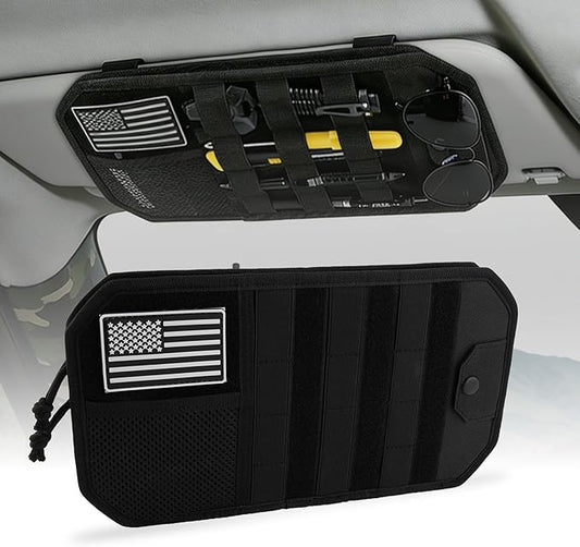 Car Sun Visor Organizer, Semi-Rigid Molle Panel Tactical Car Accessories with Zipper Storage Pouch, Sunglass Holder for Car Visor Organizer, Universal Fit for Trucks, SUVs, Jeeps & Police Gear, Black