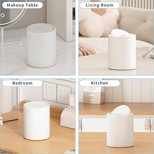 Mini Desk Trash Can with Lid for Desk,1.6L Brushed Stainless Steel Countertop Trash Can with Lid for Desktop Car Office Kitchen, Swing Top Trash Bin with a Roll of Trash Bag（White）