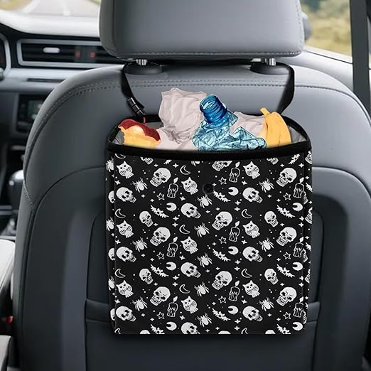 Gothic Skull Moon Star Owl Pattern Garbage Bag and Water Resistant Trash Can for Car, Leakproof Trash Can for SUV Truck Halloween Car Accessories