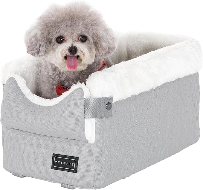 PETSFIT Dog Car Seats for Small Dogs with Safe Protection Hooks, Small Dog Car Seat with Upgraded Safety Tethers, Washable Cushion, Center Console Dog Car Seat for Pets Under 8 Lbs (Light Grey)