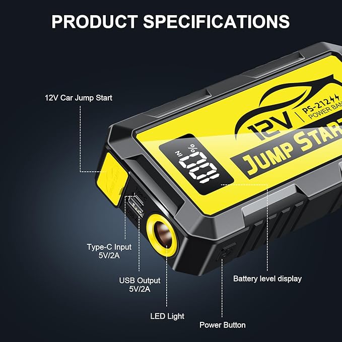 8000A Car Jump Starter, 12V Jump Starter Battery Pack (All Gas,up to 10.0L Diesel Engine) Jumper Cables Portable Lithium Jump Box, USB Output and LED Light