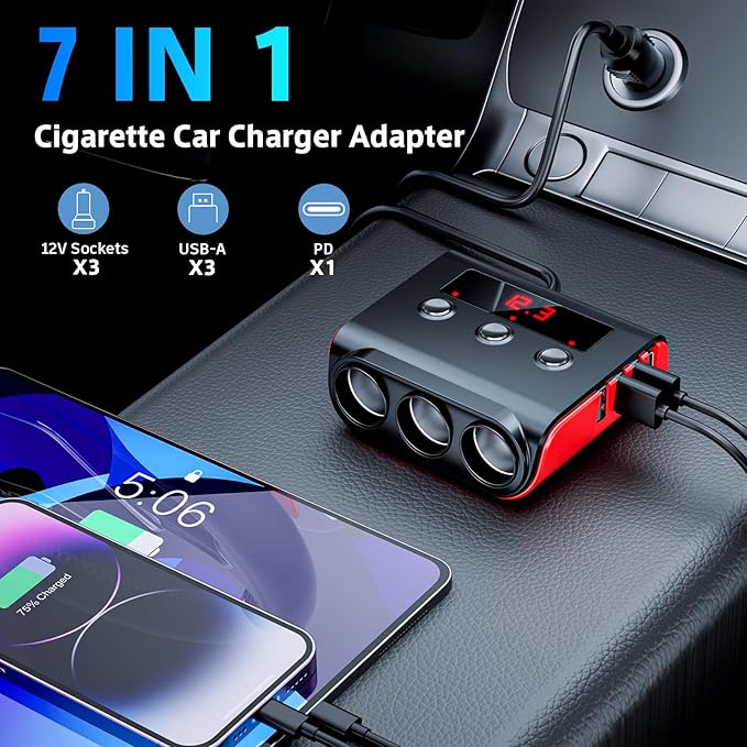 7 in 1 Cigarette Lighter Splitter, SONRU 3 Sockets Cigarette Lighter Splitter with PD Ports 3 Fast Charging USB Ports, 120W 12V/24V DC Independent Power Switches & LED Voltage Display