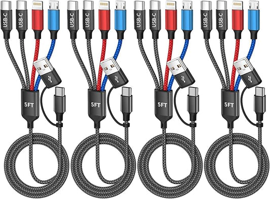 Travel Cruise Essentials 2026 4 in 2 Charging Cable with Dual Type-C Port, USBA/C Multi Charging Cable Cords, Multiple iPhone Charger Cord for iPhone17-8, Android, iPad, Car Accessories (4Packs 5FT)