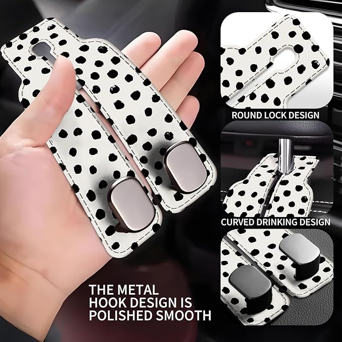 Car Seat Back Storage Headrest Hook, Premium Leather Double Metal Hook, Hanger Storage Organizer for Purse Cloth Bag, Car Interior Accessories Black White Polka Dots