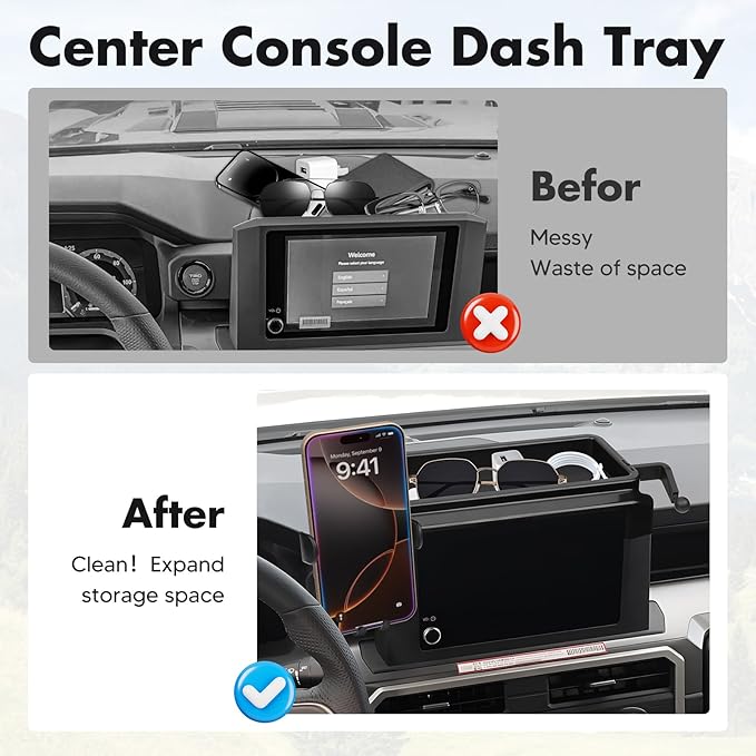 FIILINES Dashboard Center Console Organizer & Phone Holder for Toyota Tacoma 2024-2026, Dash Organizer with 360 Degree Rotation Phone Mount Tacoma Accessories (Only Fit 8-inch)
