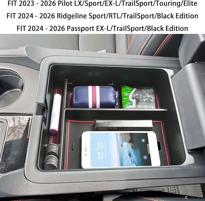 EDBETOS Center Console Organizer Compatible with 2023-2026 Honda Pilot, 2024 2025 2026 Honda Ridgeline/Passport Insert Tray Secondary Storage Armrest Box ABS Plastic Material, Red