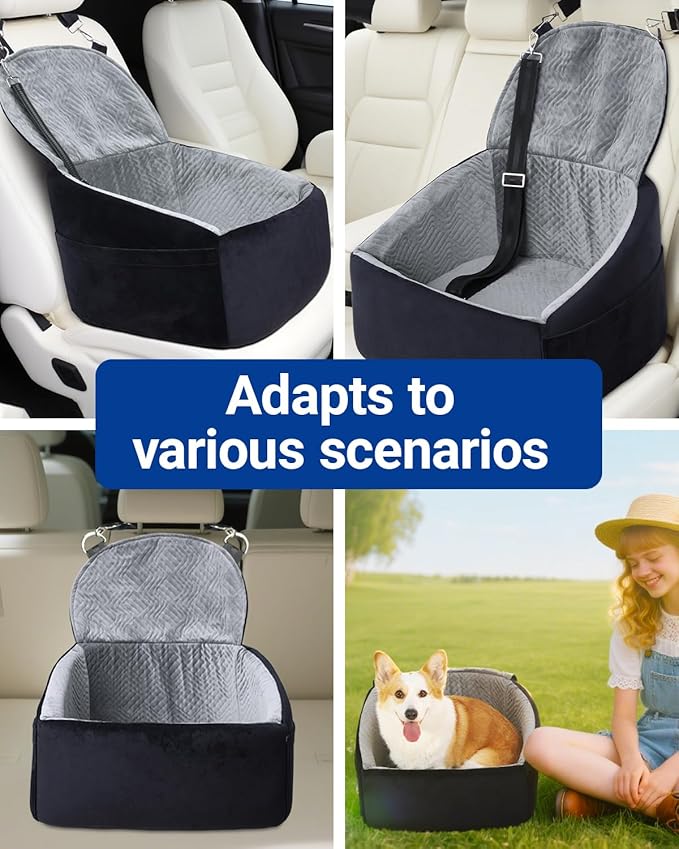 NUPIDA Dog Car Seat for Small Dogs, Dog Booster Seat with Extendable Backrest, Pet Car Seats up to 30 lbs, Washable Removable Cover Travel Bed with Storage Pockets and 2 Safety Leashes, Black&Grey
