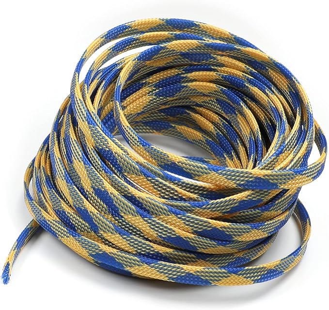 Aicosineg 32.81ft PET Flexible Braided Cable Sleeve 0.33inch Width Wire Loom Sleeving and Organizer Flexible Wire Mesh Sleeve Wrap Protector for TV Audio PC Cords from Pets Chewing Blue and Yellow