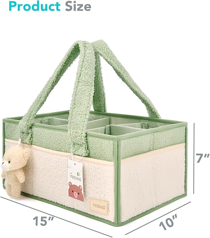 YOSING Diaper Caddy Organizer with 13 Pockets & Removable Dividers - Portable Baby Storage Basket for Nursery, Car Travel & Newborn Essentials, Green+ White
