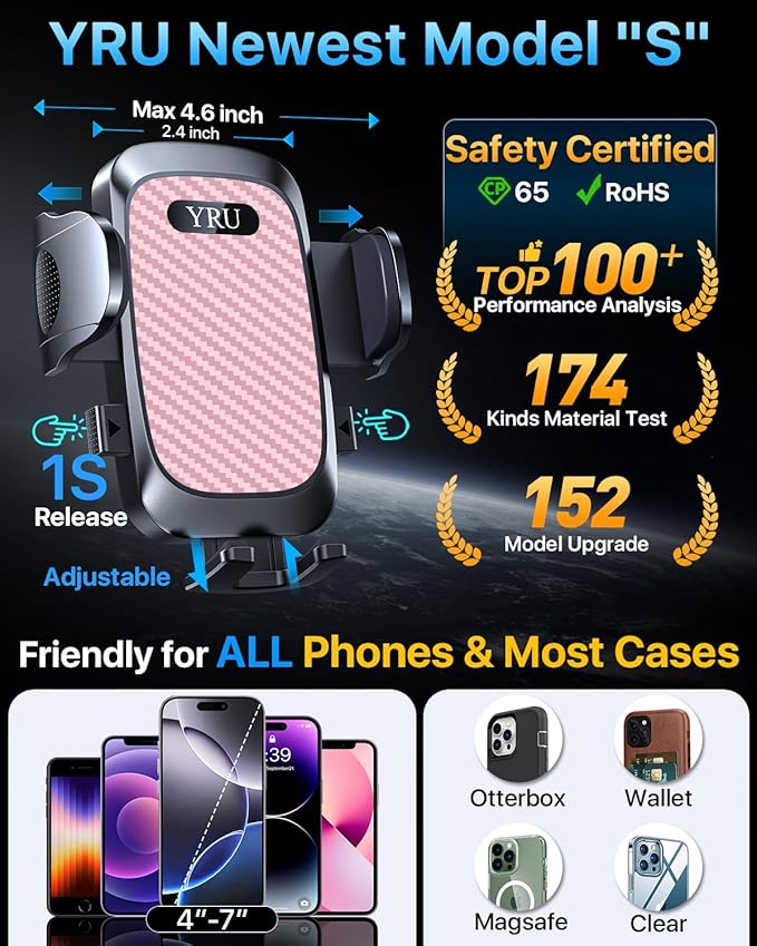 YRU [2026 Ultimate Car Phone Holder Mount [Bendable & Adjustable Aluminum Arm] Cell Phone Holder for Car Dashboard Windshield Phone Stand for iPhone 17 16 15 14 Pro Max Samsung Pickup Truck, Pink