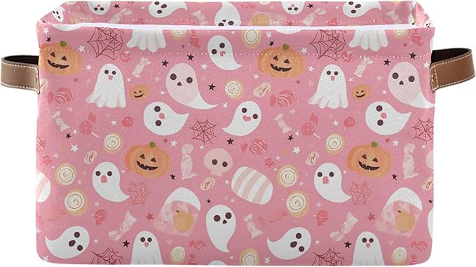 Wamika Halloween Pink Storage Basket with Waterproof Liner and PU Handles Pumpkin Ghost Candy Storage Bins Boxes 14.2" Collapsible Decorative Organizer Baskets for Bedroom Closet Office 1 Pack