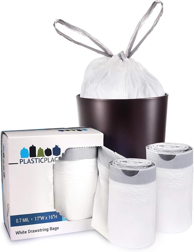 Plasticplace 4 Gallon Trash Bags │ 0.7 Mil │ Drawstring White Garbage Can Liners │ 17" x 16" (100 Count)