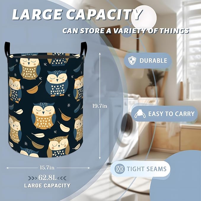 Cute Owl with Feathers Stars Pattern Laundry Basket with Handles, 19.7"x15.7" Clothes Foldable Laundry Hamper Organizer for Dorm Nursery Bedroom Bathroom Decor, Toy Storage Bin for Kids