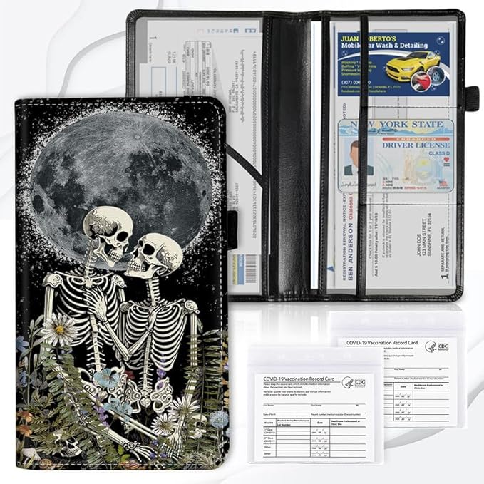 Car Registration and Insurance Card Holder, Vehicle License Documents Glove Box Compartment Organizer Wallet, ID Card Holder for Car Essentials Automobile, Gothic Skeleton Romantic