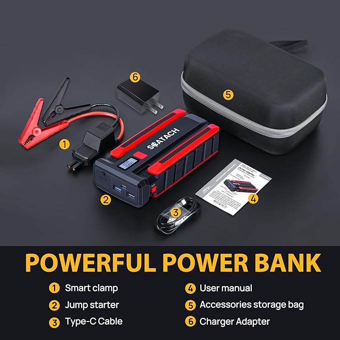 Scatach 6000A Car Battery Jump Starter,12V Car Jumper Starter Battery Pack Portable (up to 10.0L Gasoline and 8.0L Diesel Engine), Jump Box with LED Display, Flashlight and Jumper Cables