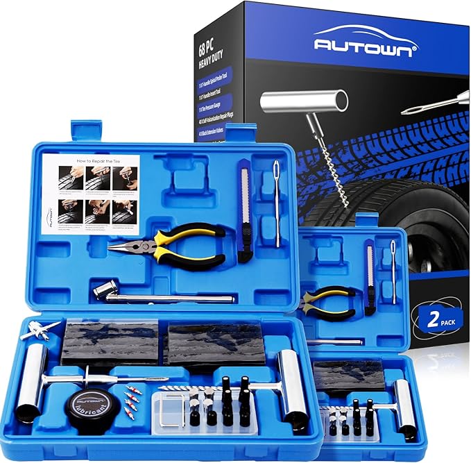 AUTOWN Flat Tire Repair Kit with Plug 68 Pcs for Car, Motorcycle, ATV, Jeep, Truck, Tractor Flat Tire Repair (2-Pack) (Set of 2-68pcs)