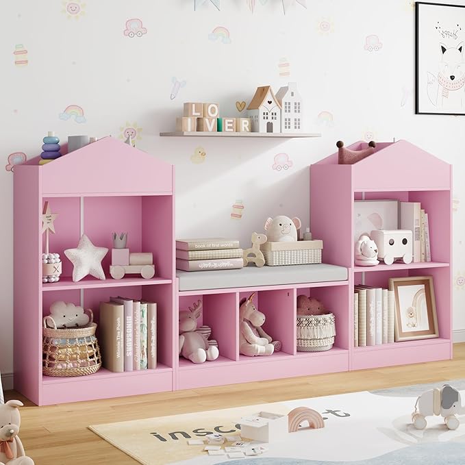 MHOM 68.9“ Kids Bookshelf with Reading Nook, Toy Storage Organizer with Seat Cushion and 7 Storage Cubbies, Wooden Kids Bookcase, Toy Organizers for Nursery, Playroom, Pink