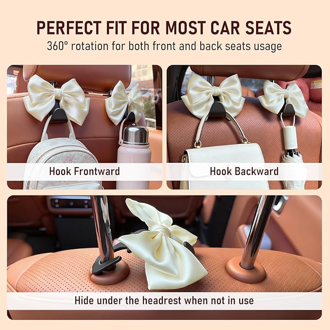 Car Seat Headrest Hook, Bow Car Purse Hooks, Auto Seat Hook Hangers Storage Organizer Interior Accessories for Purse Coats Umbrellas Grocery Bags Handbag, 2-Pack (White)